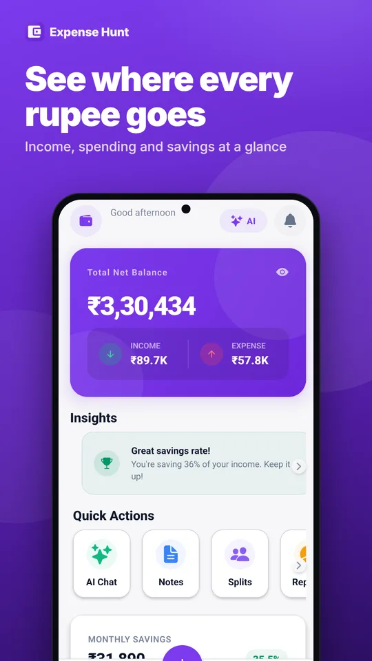 Expense Hunt dashboard showing net balance, income, expenses and an insight about the user's savings rate