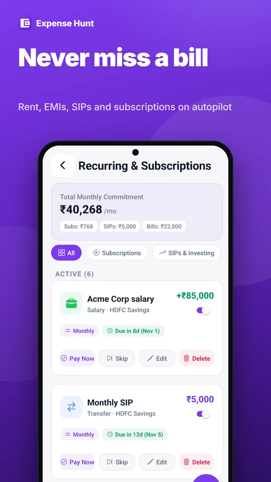 Recurring payments list with salary, SIP and subscriptions