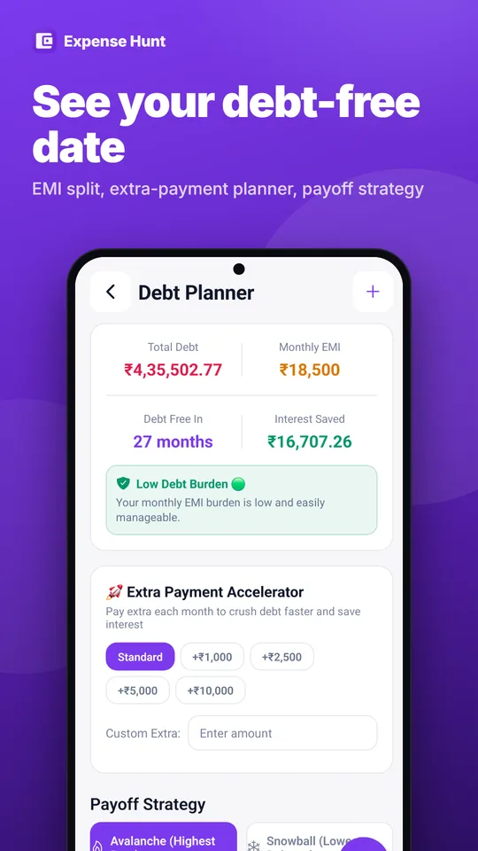 Debt planner with total debt, monthly EMI and months to debt-free